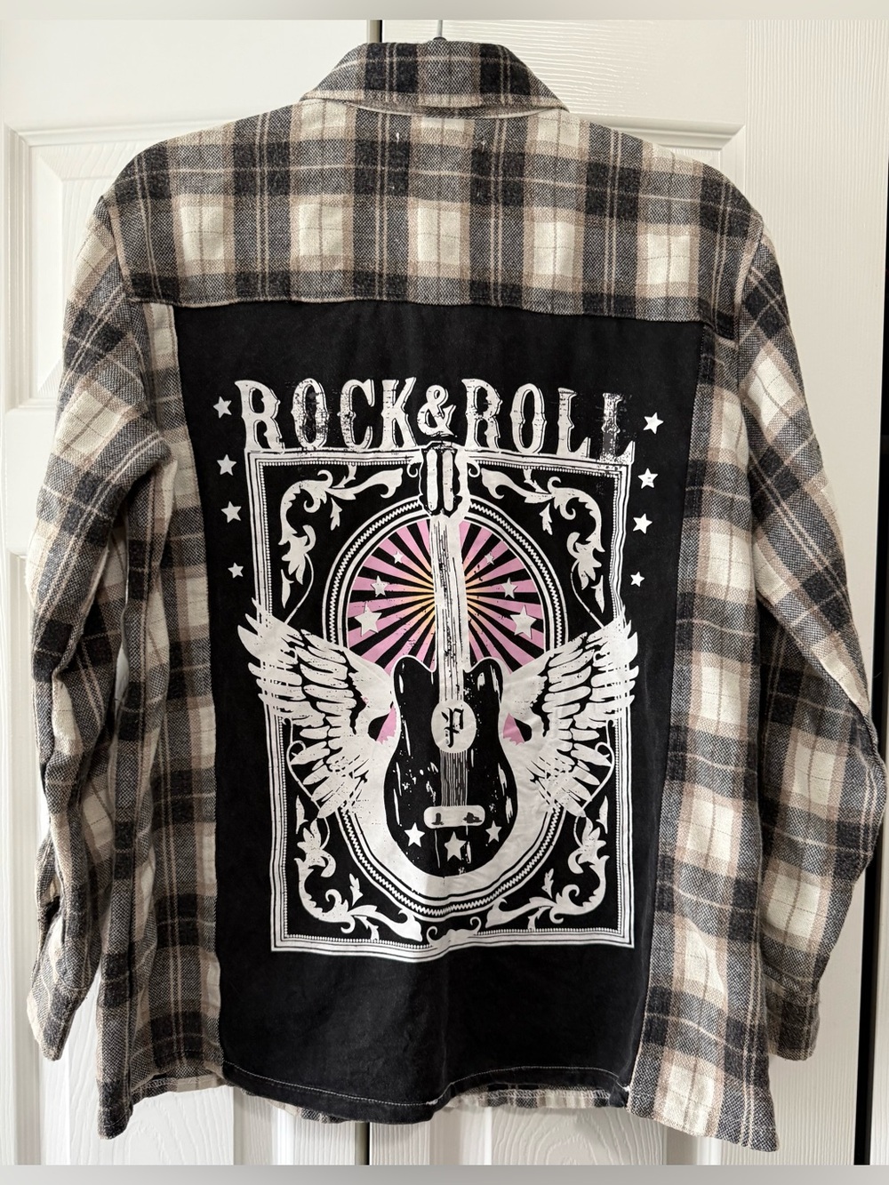 Panache Apparel Rock & Roll Graphic Plaid Flannel Shacket Medium 100% Cotton